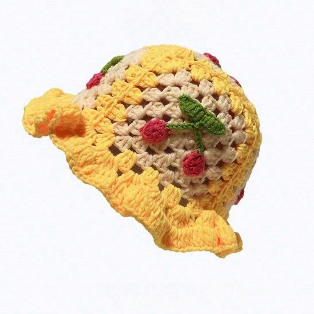 Handmade Crochet Bucket Hat yellow with cherry design